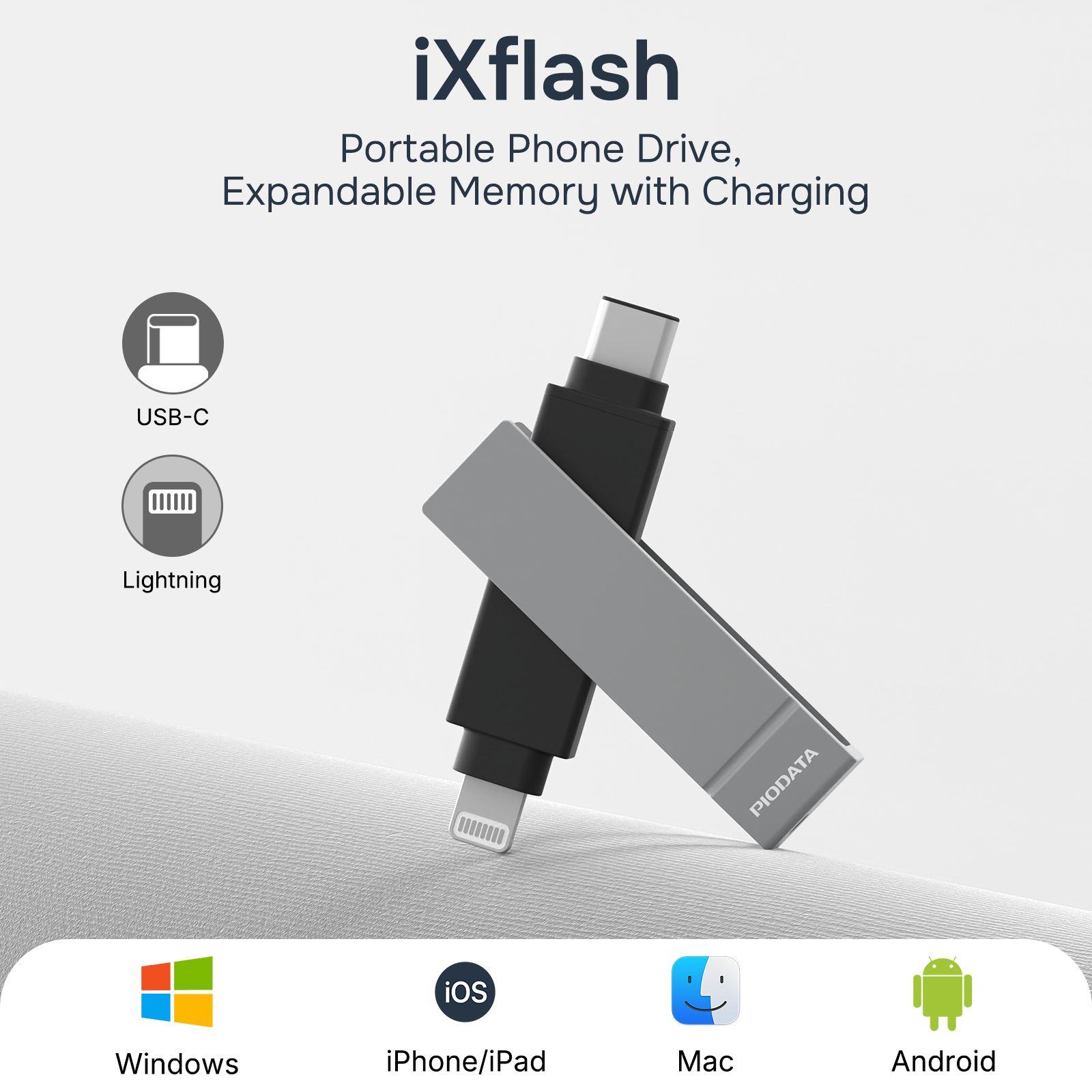 iXflash 256GB Lightning & USB C 3.2 Photo Stick Flash Drive for iPhone, iPad, Mac, & PC - Black/Gray