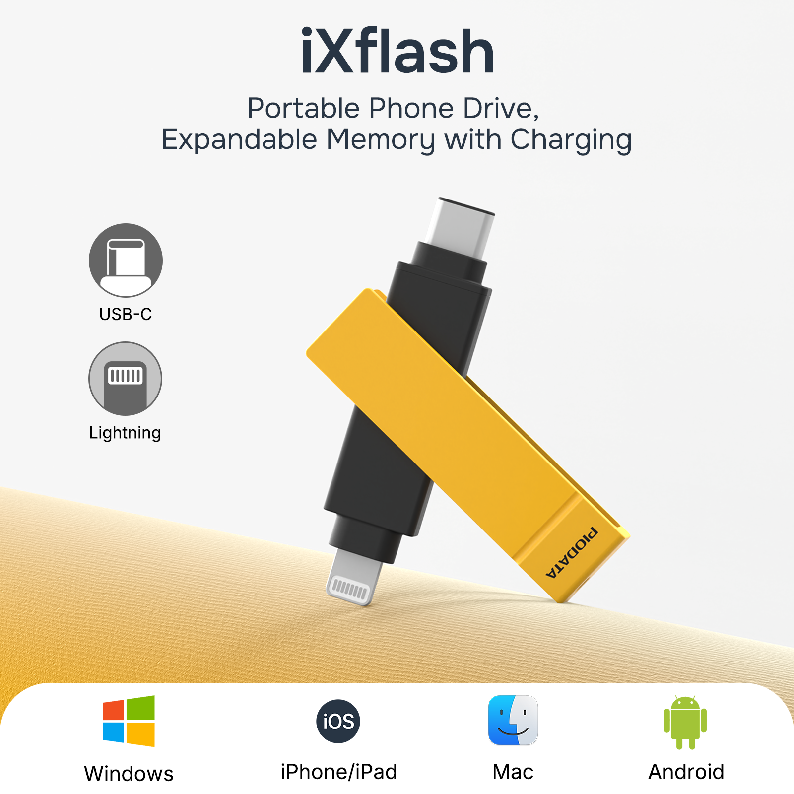 iXflash 128GB Lightning & USB C 3.2 Photo Stick Flash Drive for iPhone, iPad, Mac, & PC - Black/Yellow