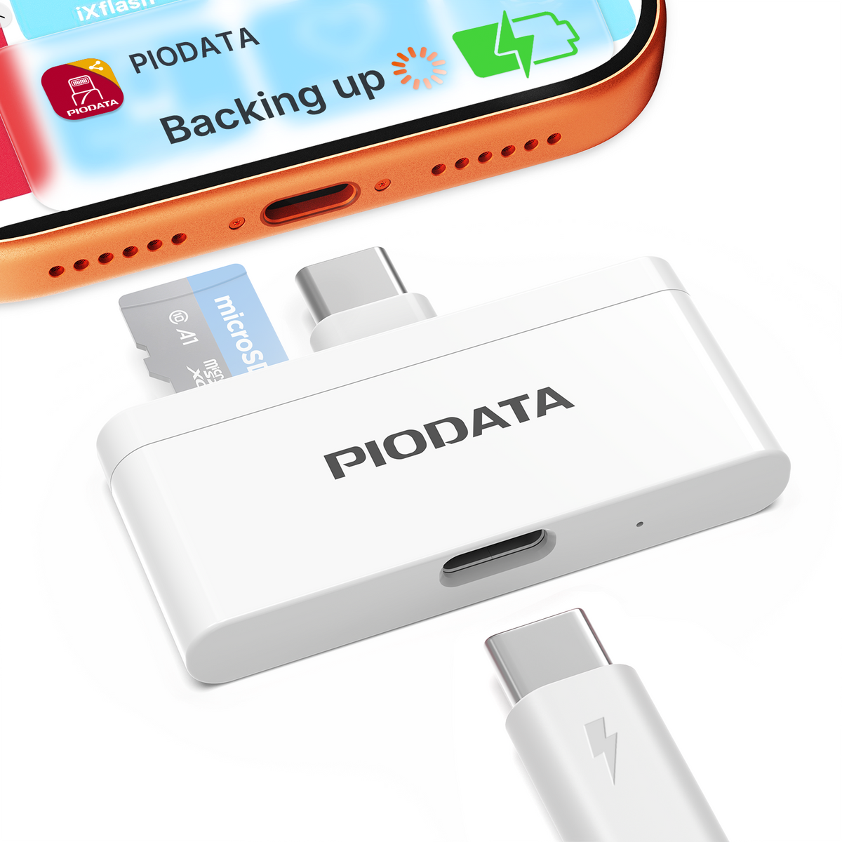 iXflash Q Micro SD card reader w/USB C in White, auto-backup with passthrough charging for iPhone, iPad & Android