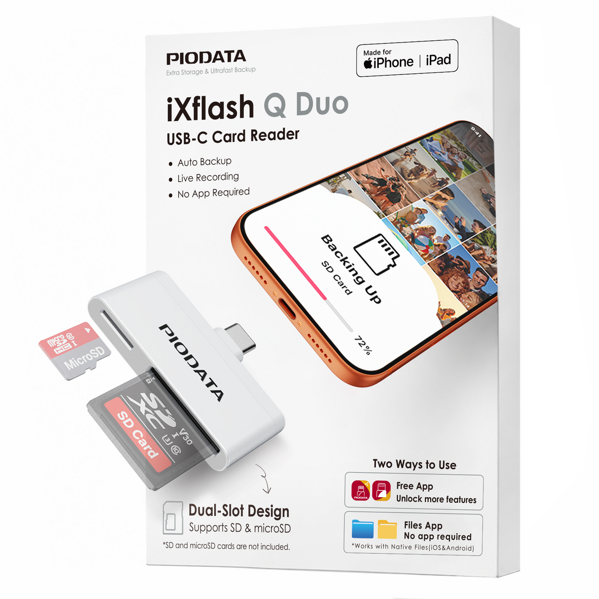 Xflash Q Duo SD and Micro SD card reader w/USB-C in White, auto-backup and Extended Video Recording for iPhone, iPad & Android