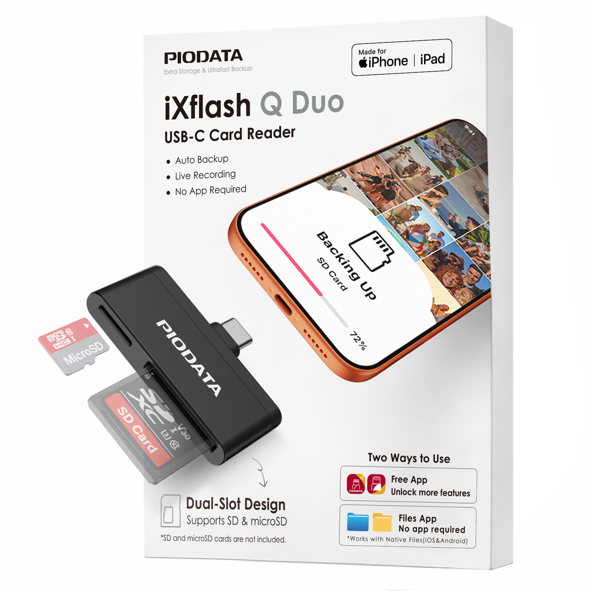 Xflash Q Duo SD and Micro SD card reader w/USB-C in Black, auto-backup and Extended Video Recording for iPhone, iPad & Android