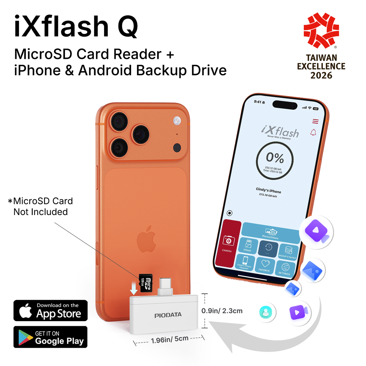 iXflash Q Micro SD card reader w/USB C in White, auto-backup with passthrough charging for iPhone, iPad & Android