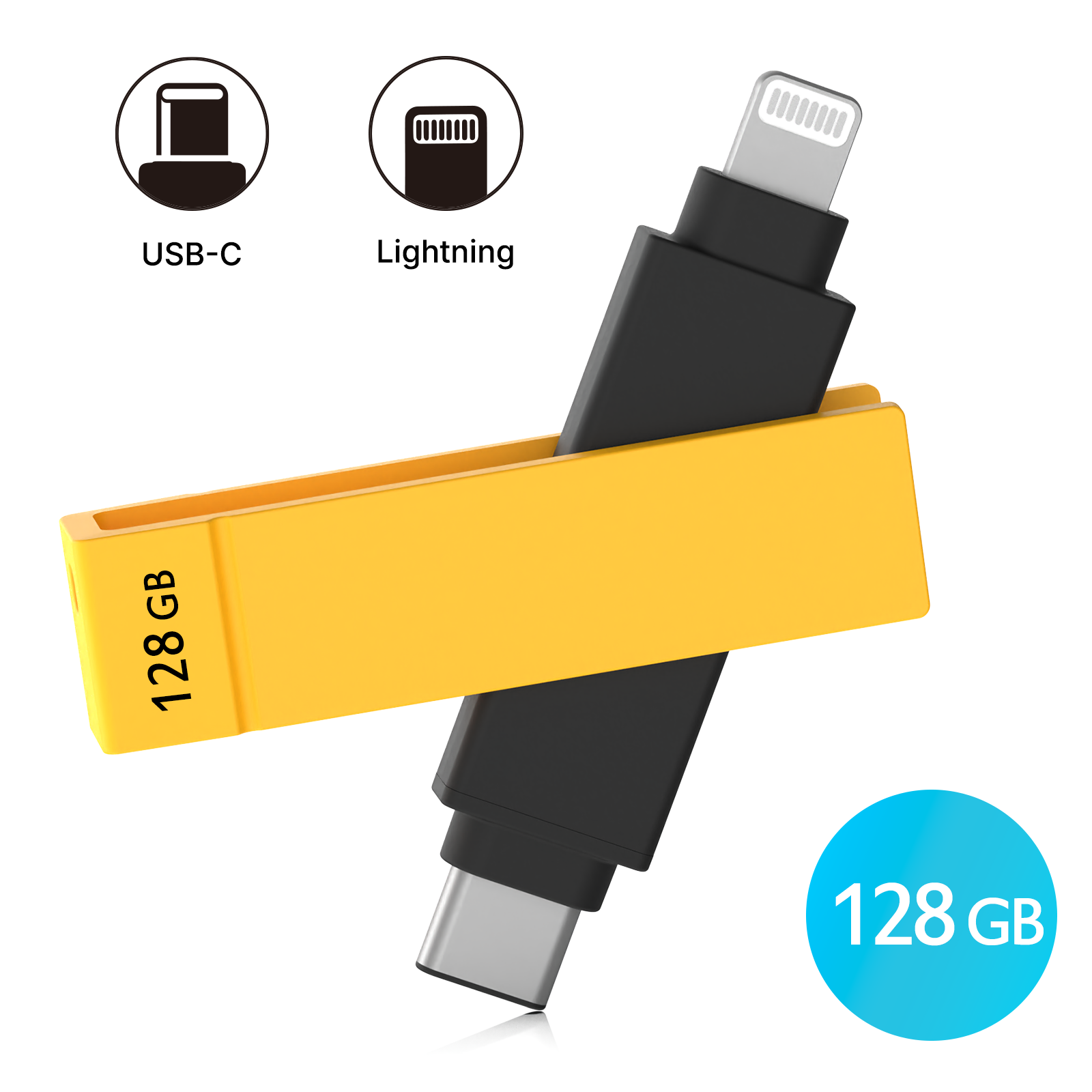 iXflash 128GB Lightning & USB C 3.2 Photo Stick Flash Drive for iPhone, iPad, Mac, & PC - Black/Yellow