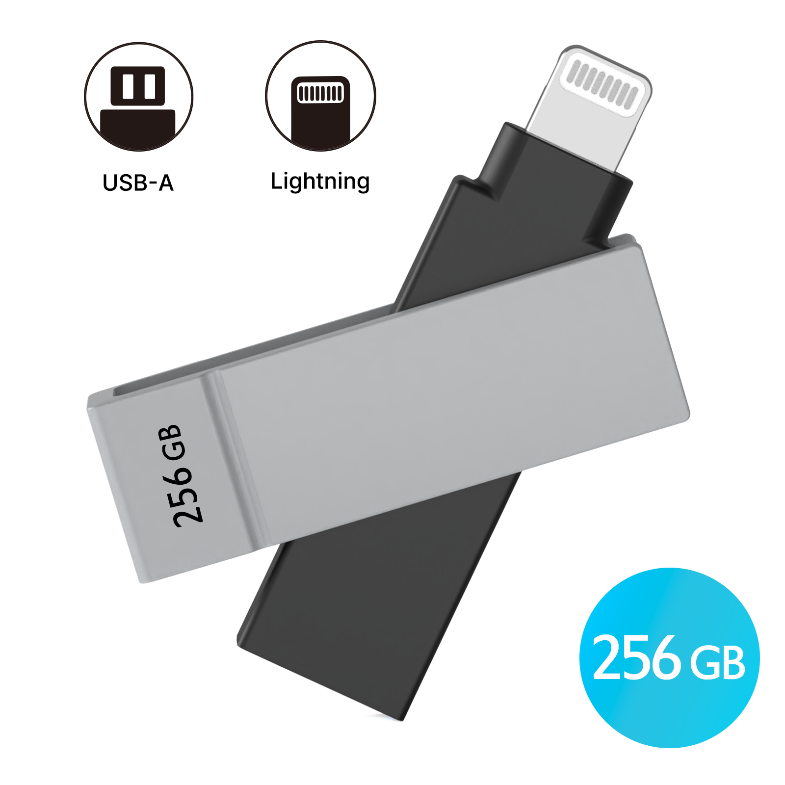 iXflash 256GB Lightning & USB A 3.2 Photo Stick Flash Drive for iPhone, iPad, Mac, & PC - Black/Gray
