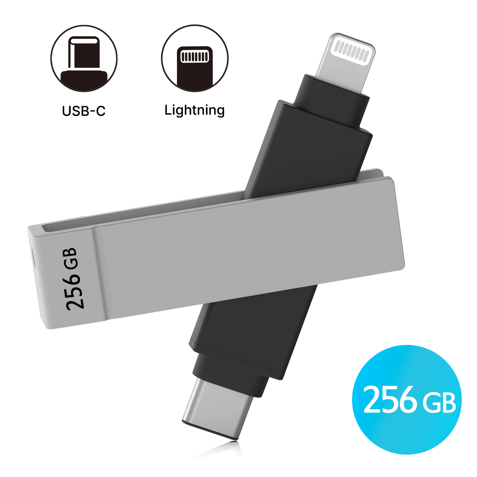 iXflash 256GB Lightning & USB C 3.2 Photo Stick Flash Drive for iPhone, iPad, Mac, & PC - Black/Gray