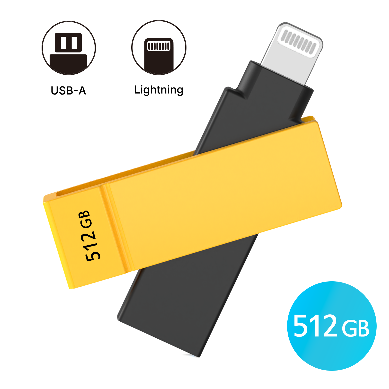 iXflash 512GB Lightning & USB A 3.2 Photo Stick Flash Drive for iPhone, iPad, Mac, & PC - Black/Yellow