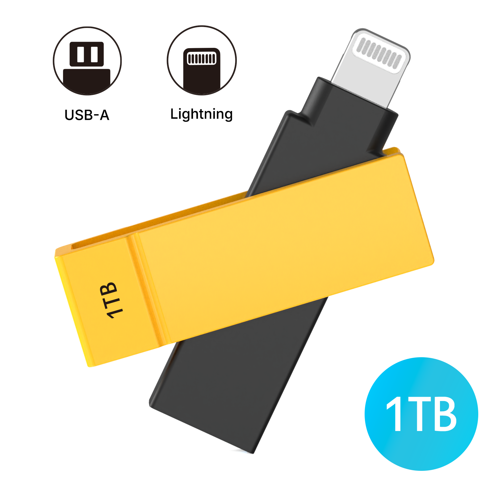 iXflash 1TB Lightning & USB A 3.2 Photo Stick Flash Drive for iPhone, iPad, Mac, & PC - Black/Yellow