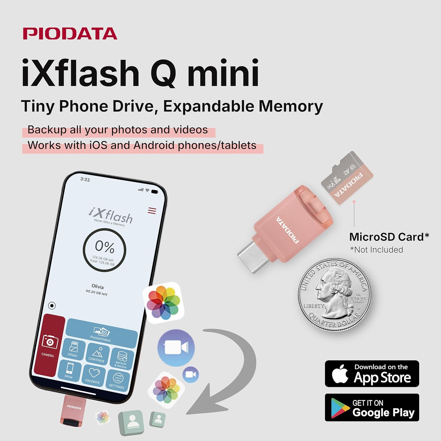 Phone Memory Card Reader: Micro SD USB-C Drive for iPhone and Android, Auto Photo & Video Backup, iXflash Q mini Apple MFi Portable Flash Storage with Free App and MicroSD Slot Adaptor Pink